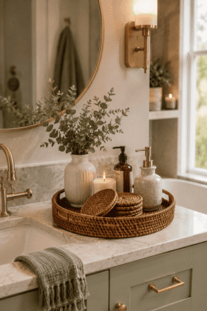 Handwoven round rattan bathroom vanity tray holding soap dispensers, candle, vase, and decorative accessories on a marble bathroom countertop in a cozy modern home.