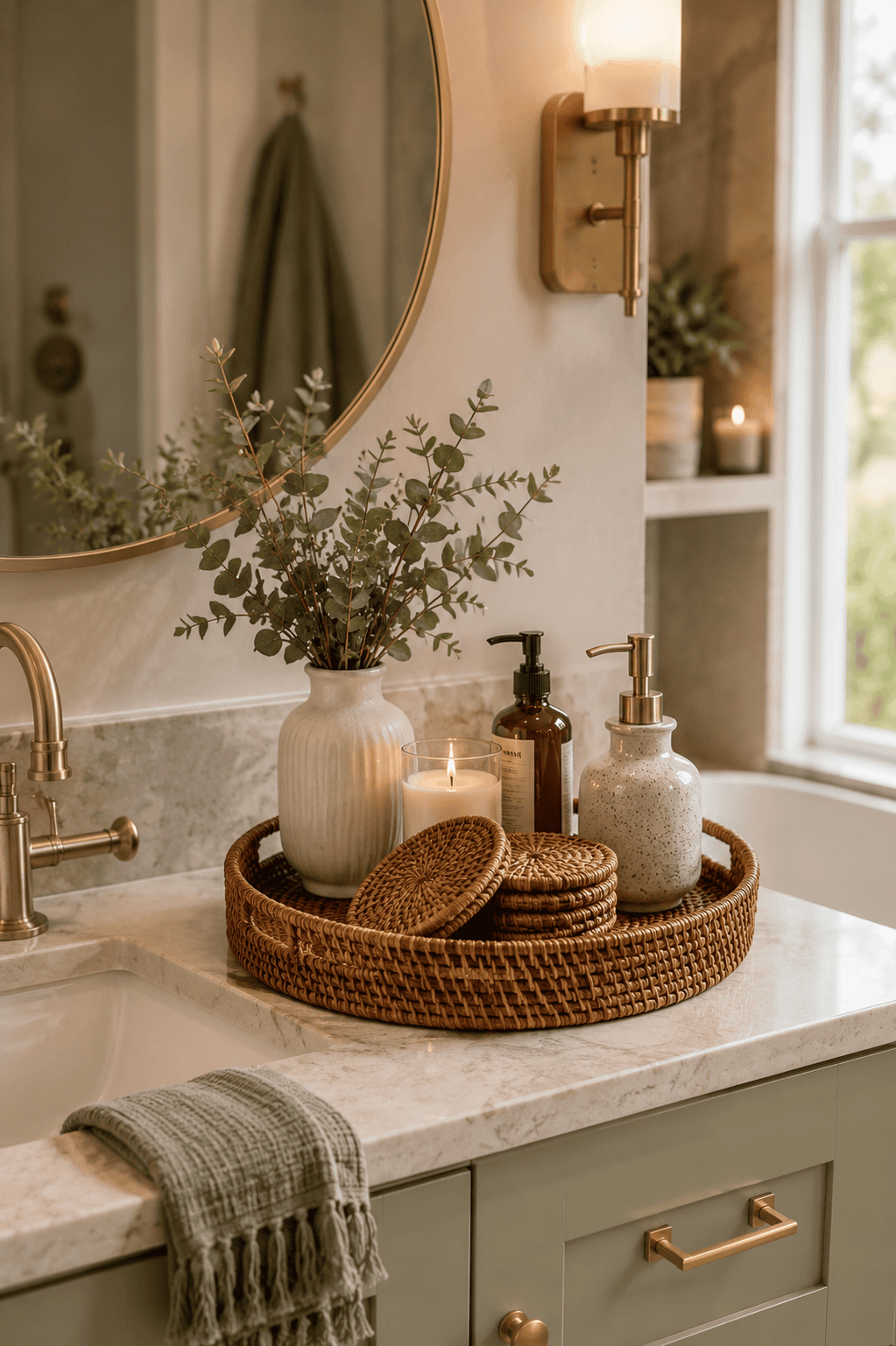 Handwoven round rattan bathroom vanity tray holding soap dispensers, candle, vase, and decorative accessories on a marble bathroom countertop in a cozy modern home.