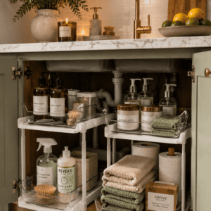 2-tier pull-out under sink organizer storing cleaning supplies, towels, paper towels, and household essentials inside a modern kitchen cabinet.