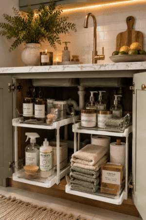 2-tier pull-out under sink organizer storing cleaning supplies, towels, paper towels, and household essentials inside a modern kitchen cabinet.