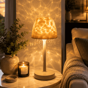 Modern LED table lamp casting a warm water ripple light pattern on the wall beside a sofa with candles and cozy home decor.