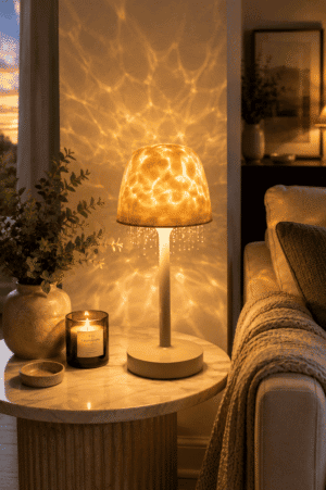 Modern LED table lamp casting a warm water ripple light pattern on the wall beside a sofa with candles and cozy home decor.