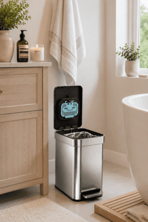 Modern stainless steel step trash can with soft-close lid placed beside a bathroom vanity in a bright, cozy, spa-inspired bathroom.