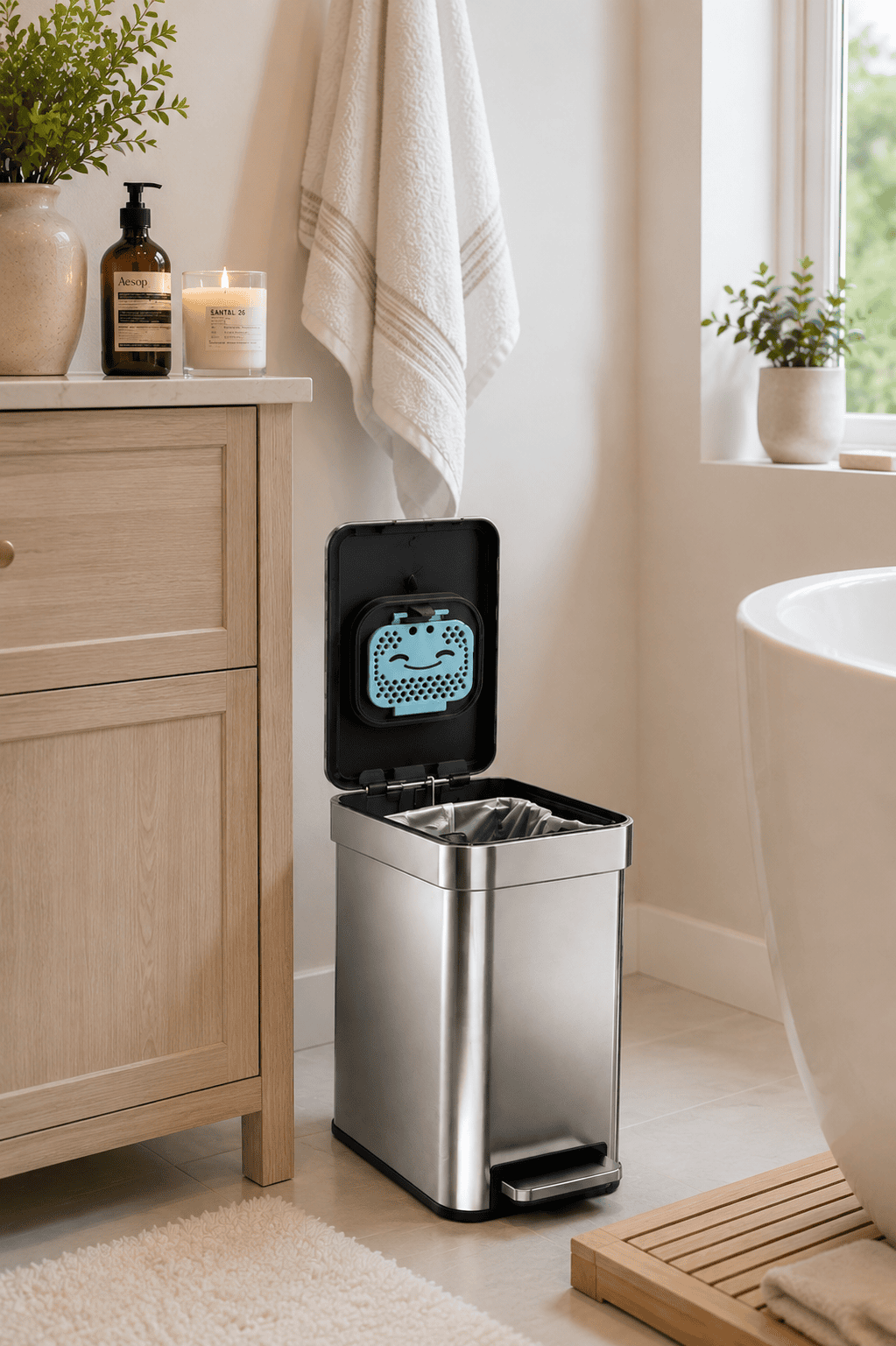 Modern stainless steel step trash can with soft-close lid placed beside a bathroom vanity in a bright, cozy, spa-inspired bathroom.