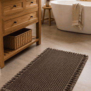 Dark brown woven cotton bathroom rug with decorative tassel edges placed in a cozy spa-inspired bathroom featuring a wooden vanity and freestanding bathtub.