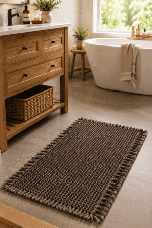 Dark brown woven cotton bathroom rug with decorative tassel edges placed in a cozy spa-inspired bathroom featuring a wooden vanity and freestanding bathtub.