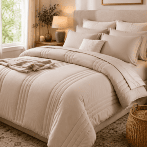 Luxury beige comforter set with matching pillows styled in a cozy neutral bedroom featuring soft lighting, modern decor, and a warm relaxing atmosphere.