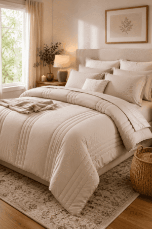 Luxury beige comforter set with matching pillows styled in a cozy neutral bedroom featuring soft lighting, modern decor, and a warm relaxing atmosphere.