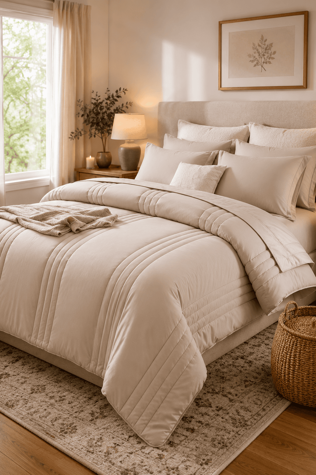 Luxury beige comforter set with matching pillows styled in a cozy neutral bedroom featuring soft lighting, modern decor, and a warm relaxing atmosphere.