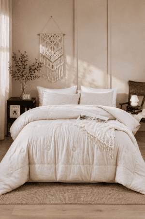 Soft white comforter set styled in a cozy neutral bedroom with layered bedding, macrame wall decor, natural textures, and warm morning sunlight.