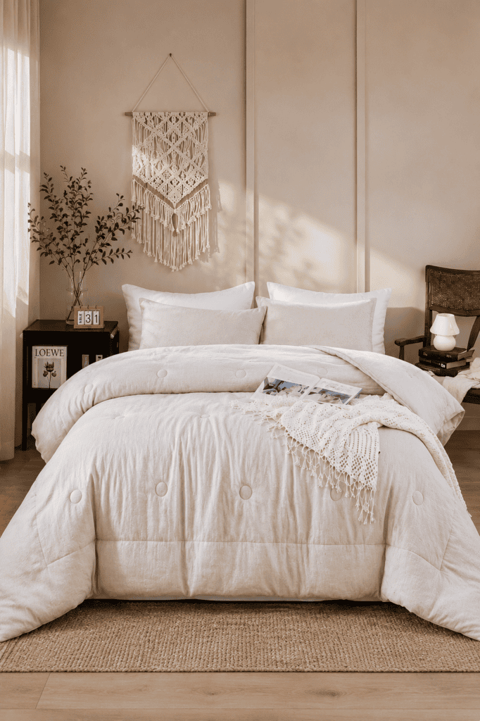 Soft white comforter set styled in a cozy neutral bedroom with layered bedding, macrame wall decor, natural textures, and warm morning sunlight.