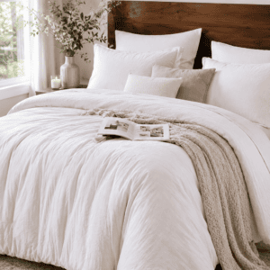 Plush white bedding with layered pillows and a knitted throw blanket creating a bright, warm, and cozy modern bedroom