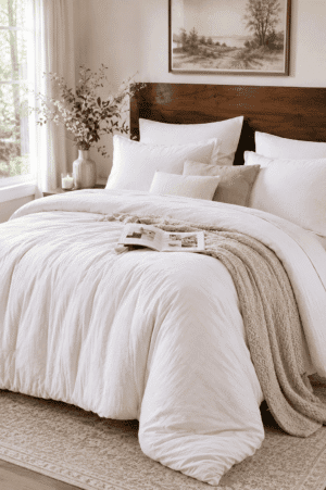 Plush white bedding with layered pillows and a knitted throw blanket creating a bright, warm, and cozy modern bedroom