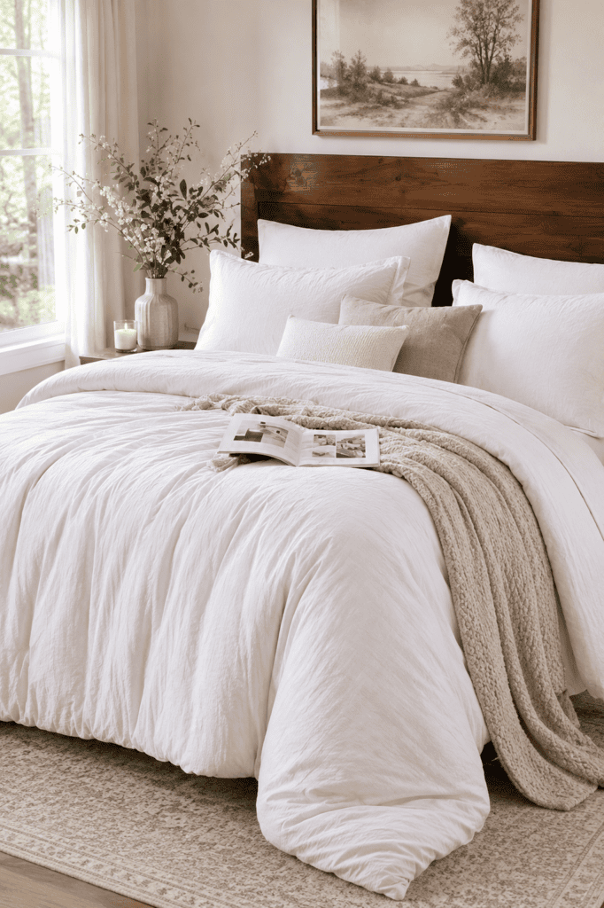 Plush white bedding with layered pillows and a knitted throw blanket creating a bright, warm, and cozy modern bedroom