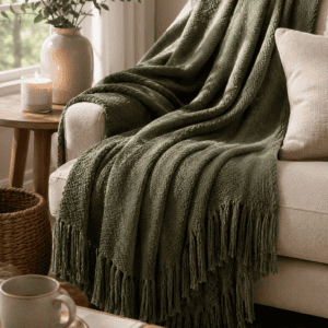 Soft sage green knitted throw blanket draped over a cozy accent chair beside a window with warm natural light and neutral decor.