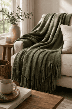 Soft sage green knitted throw blanket draped over a cozy accent chair beside a window with warm natural light and neutral decor.
