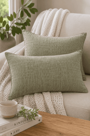 Sage green linen throw pillow covers styled on a neutral sofa with a chunky knit blanket and cozy organic home decor.