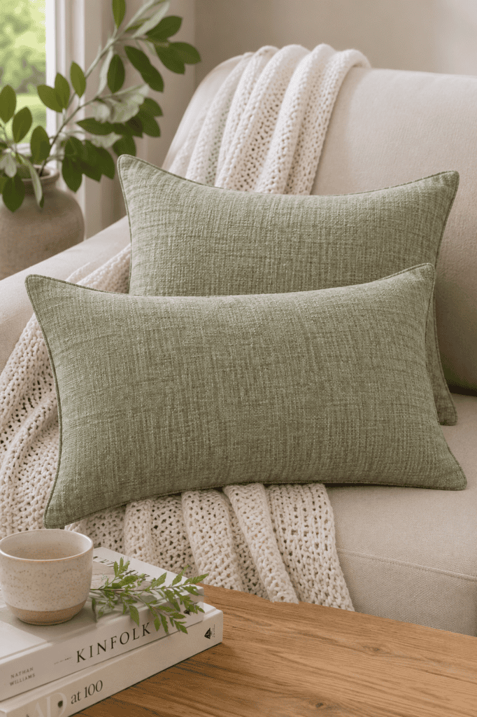 Sage green linen throw pillow covers styled on a neutral sofa with a chunky knit blanket and cozy organic home decor.