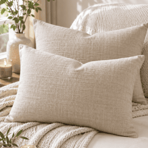 Beige linen decorative pillow covers layered on a cozy bed with textured knit blankets, candles, and warm minimalist bedroom styling.