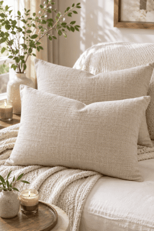 Beige linen decorative pillow covers layered on a cozy bed with textured knit blankets, candles, and warm minimalist bedroom styling.