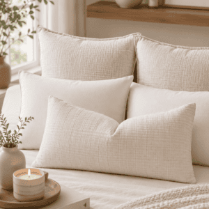 Textured cream lumbar accent pillow paired with soft neutral cushions, cozy bedding, candles, and warm organic bedroom decor.