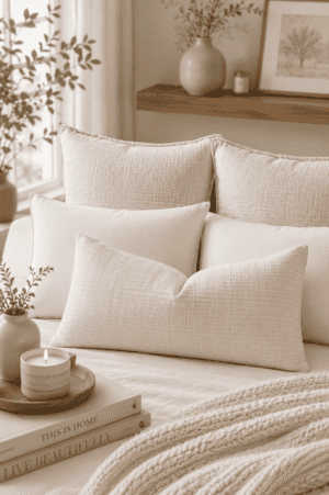 Textured cream lumbar accent pillow paired with soft neutral cushions, cozy bedding, candles, and warm organic bedroom decor.