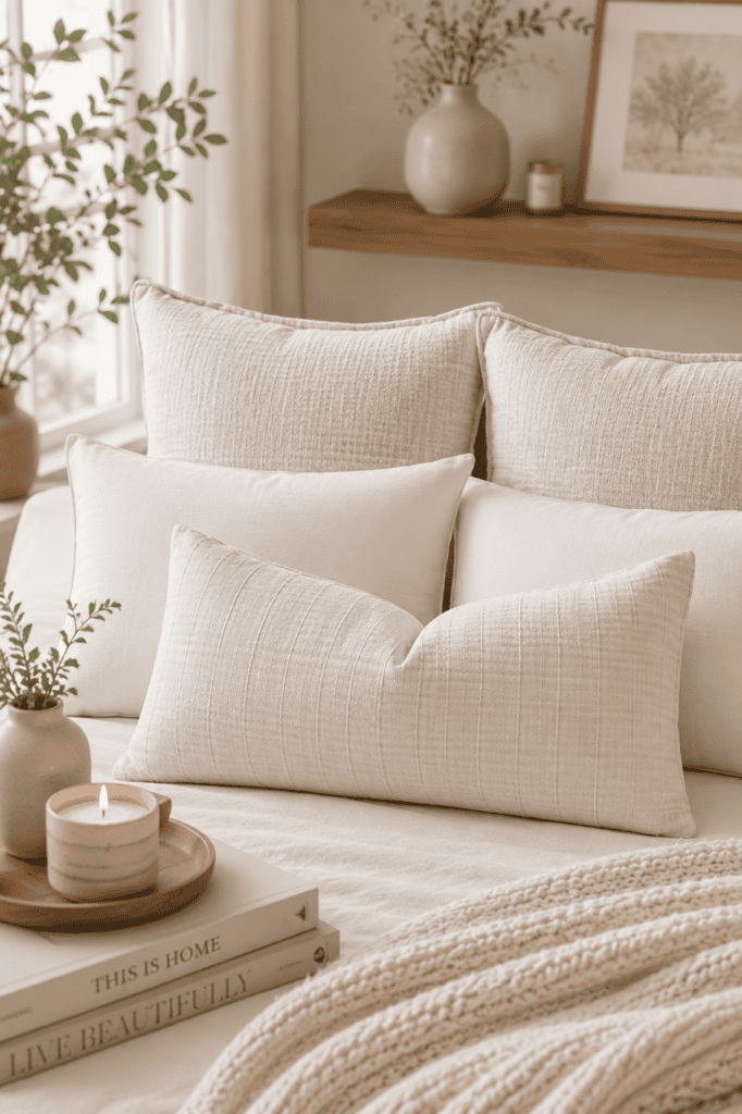 Textured cream lumbar accent pillow paired with soft neutral cushions, cozy bedding, candles, and warm organic bedroom decor.