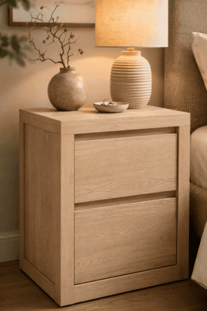 Modern light oak bedside table styled with a ceramic vase, table lamp, and minimalist accessories in a warm neutral bedroom.