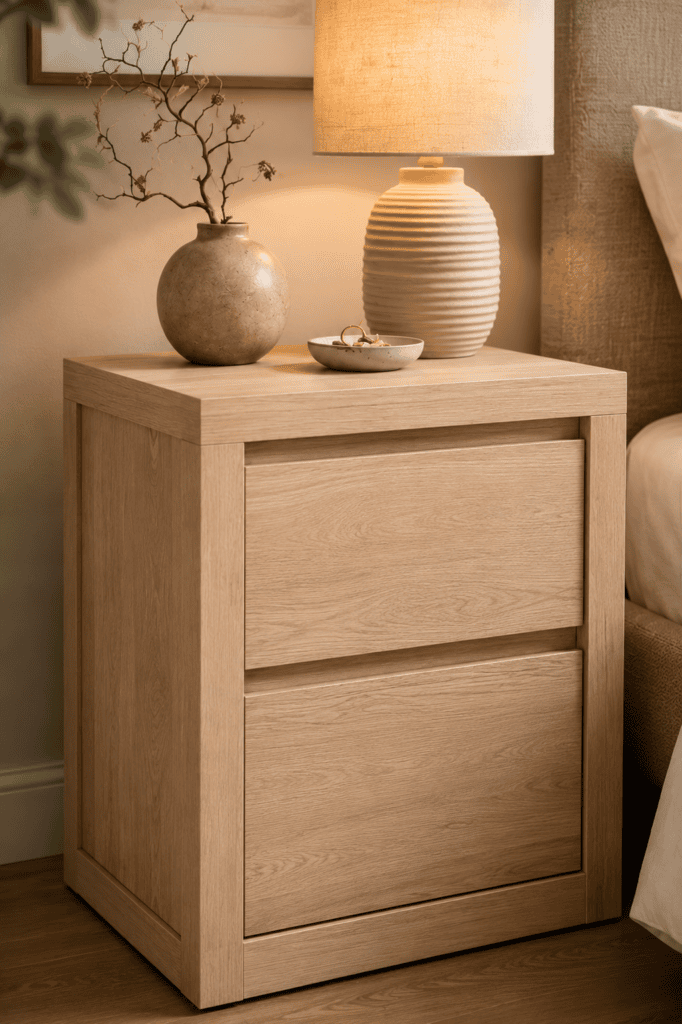 Modern light oak bedside table styled with a ceramic vase, table lamp, and minimalist accessories in a warm neutral bedroom.