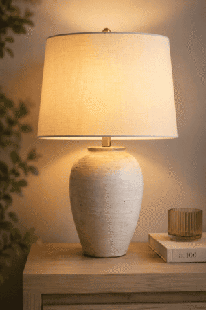 Neutral ceramic bedside table lamp with a linen shade casting warm ambient lighting on a wooden nightstand in a cozy bedroom.