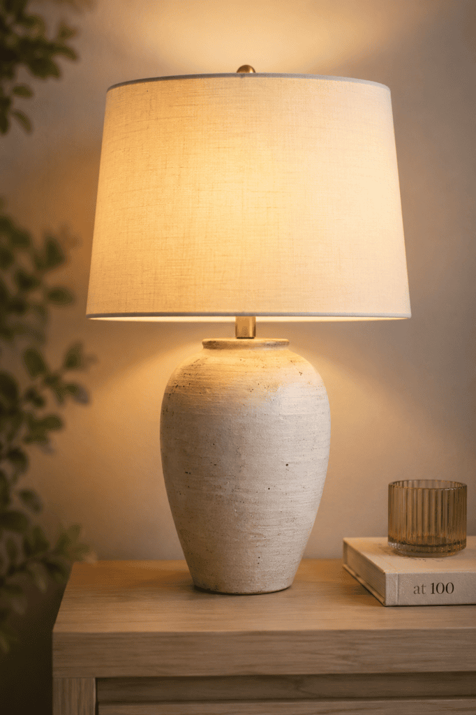 Neutral ceramic bedside table lamp with a linen shade casting warm ambient lighting on a wooden nightstand in a cozy bedroom.