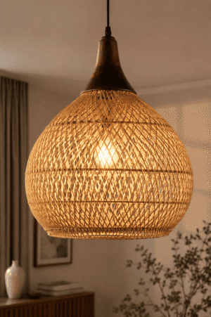 Handwoven rattan pendant light creating warm ambient lighting in a cozy bedroom with natural textures and organic decor.