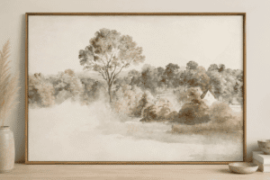 Framed neutral watercolor landscape wall art adding a soft organic touch to a warm, minimalist, and cozy bedroom interior.