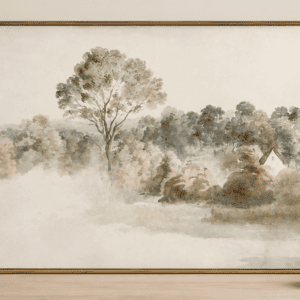Framed neutral watercolor landscape wall art adding a soft organic touch to a warm, minimalist, and cozy bedroom interior.