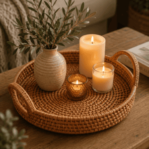 Round woven rattan decorative tray styled with scented candles, ceramic vase, greenery, and warm wooden coffee table decor for a cozy neutral living room and bedroom aesthetic.