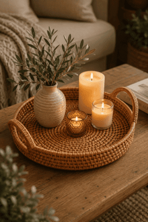 Round woven rattan decorative tray styled with scented candles, ceramic vase, greenery, and warm wooden coffee table decor for a cozy neutral living room and bedroom aesthetic.