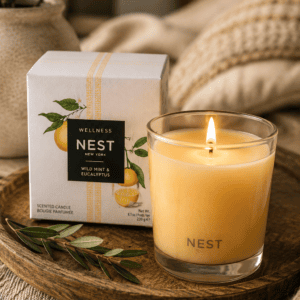 Luxury scented candle displayed on a wooden tray with soft neutral bedroom decor, ceramic vase, eucalyptus stems, and cozy textures creating a relaxing spa-inspired home atmosphere.