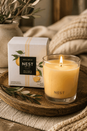 Luxury scented candle displayed on a wooden tray with soft neutral bedroom decor, ceramic vase, eucalyptus stems, and cozy textures creating a relaxing spa-inspired home atmosphere.