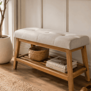 Modern wooden bedroom bench with a soft upholstered seat, lower storage shelf, woven basket, and neutral decor, creating a warm cozy bedroom with natural wood accents and minimalist farmhouse style.