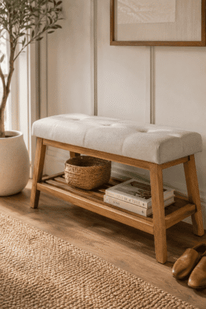 Modern wooden bedroom bench with a soft upholstered seat, lower storage shelf, woven basket, and neutral decor, creating a warm cozy bedroom with natural wood accents and minimalist farmhouse style.