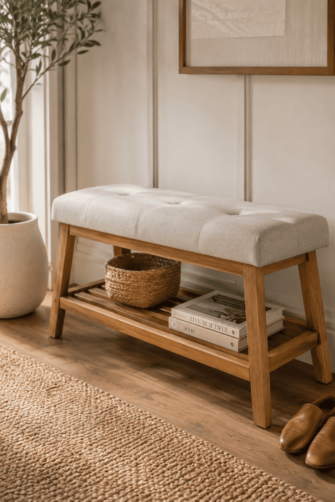 Modern wooden bedroom bench with a soft upholstered seat, lower storage shelf, woven basket, and neutral decor, creating a warm cozy bedroom with natural wood accents and minimalist farmhouse style.