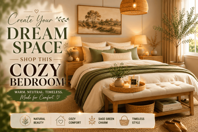 A cozy bedroom featuring warm neutral bedding, sage green accent pillows, soft table lamps, natural wood furniture, woven pendant light, indoor olive tree, and layered textures creating a relaxing modern farmhouse inspired bedroom.