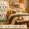 A cozy bedroom featuring warm neutral bedding, sage green accent pillows, soft table lamps, natural wood furniture, woven pendant light, indoor olive tree, and layered textures creating a relaxing modern farmhouse inspired bedroom.