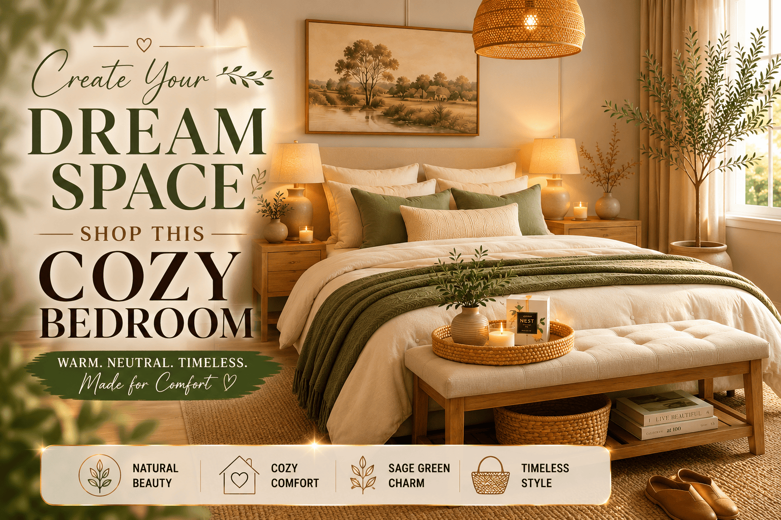 A cozy bedroom featuring warm neutral bedding, sage green accent pillows, soft table lamps, natural wood furniture, woven pendant light, indoor olive tree, and layered textures creating a relaxing modern farmhouse inspired bedroom.