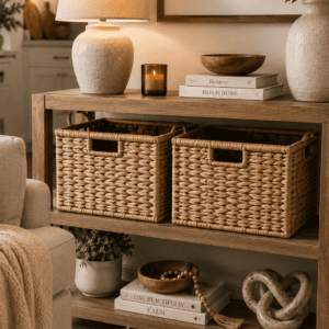 Handwoven wicker storage baskets styled on a wooden console shelf with cozy home decor, table lamp, books, and neutral accessories in a modern farmhouse living room.