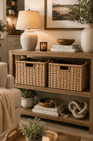 Handwoven wicker storage baskets styled on a wooden console shelf with cozy home decor, table lamp, books, and neutral accessories in a modern farmhouse living room.