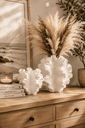 White sculptural ceramic vase set with dried pampas grass styled on a wooden console table with candles, framed artwork, and cozy neutral home decor.