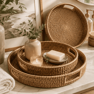 Handwoven round rattan tray set styled on a bathroom vanity with candles, ceramic vase, soap dish, and natural home decor accessories.