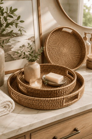 Handwoven round rattan tray set styled on a bathroom vanity with candles, ceramic vase, soap dish, and natural home decor accessories.