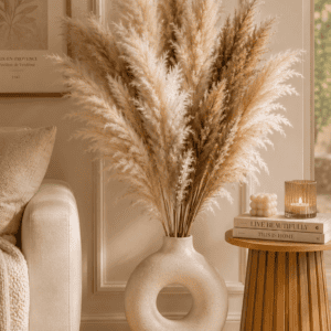Large artificial pampas grass arrangement displayed in a modern cream ceramic floor vase beside a cozy sofa, creating a warm neutral living room aesthetic.